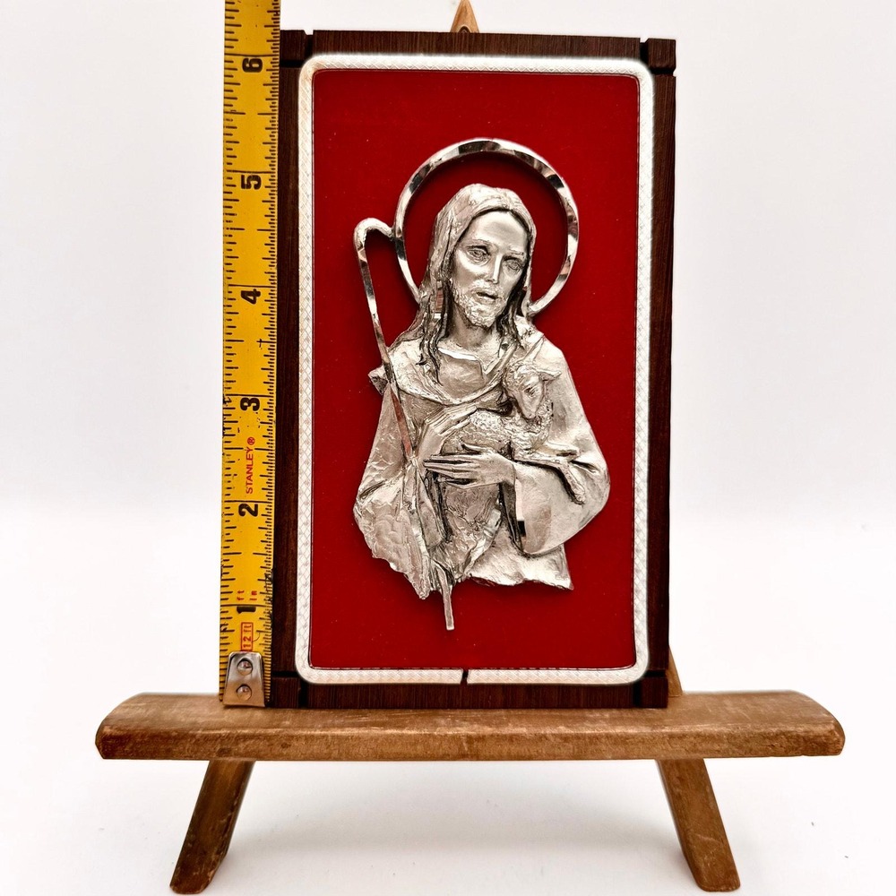Vintage Italian Pewter Jesus Plaque Red Velvet by Peltro Italy– Good Shepherd 6" - Picture 4 of 9
